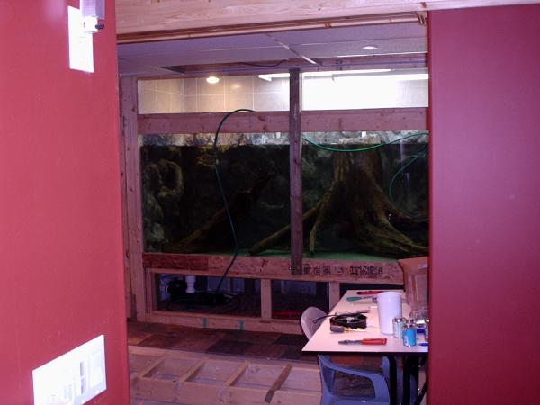 18. This is a view into the room.  I put down slate tile on the floor, as well as I tiled the upper part of the aquarium with a lighter tile to aid in the reflection of heat.  I had planned to put drawers underneath and cover the top with cabinet doors.