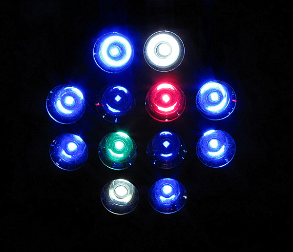 20k LED
Total Led: 12
Led Power: 3 watt
Led Colors:
(6) 455nm Royal Blue
(2) 6500K Cool White
(2) 405nm UV
(1) 660nm Deep Red
(1) 495nm Cyan
Optics: 60 degree standard
Warranty: 2 year